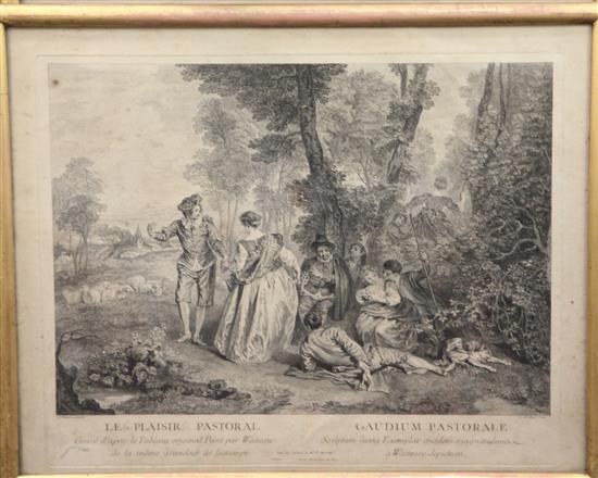 After Watteau La Partie Quarree, Le Plaisir Pastorale & Alte & 3 other prints.,